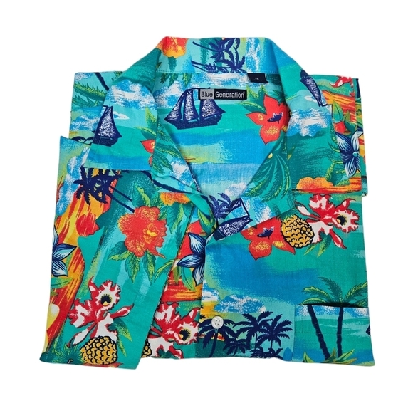 Blue Generation Colorful Tropical Button Front Hawaiian Shirt Size XL Men's F71 - Picture 11 of 11